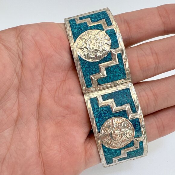 Sterling Silver Turquoise Inlay Aztec Calendar Motifs Hinged Cuff Bracelet 6.75" - Picture 8 of 11